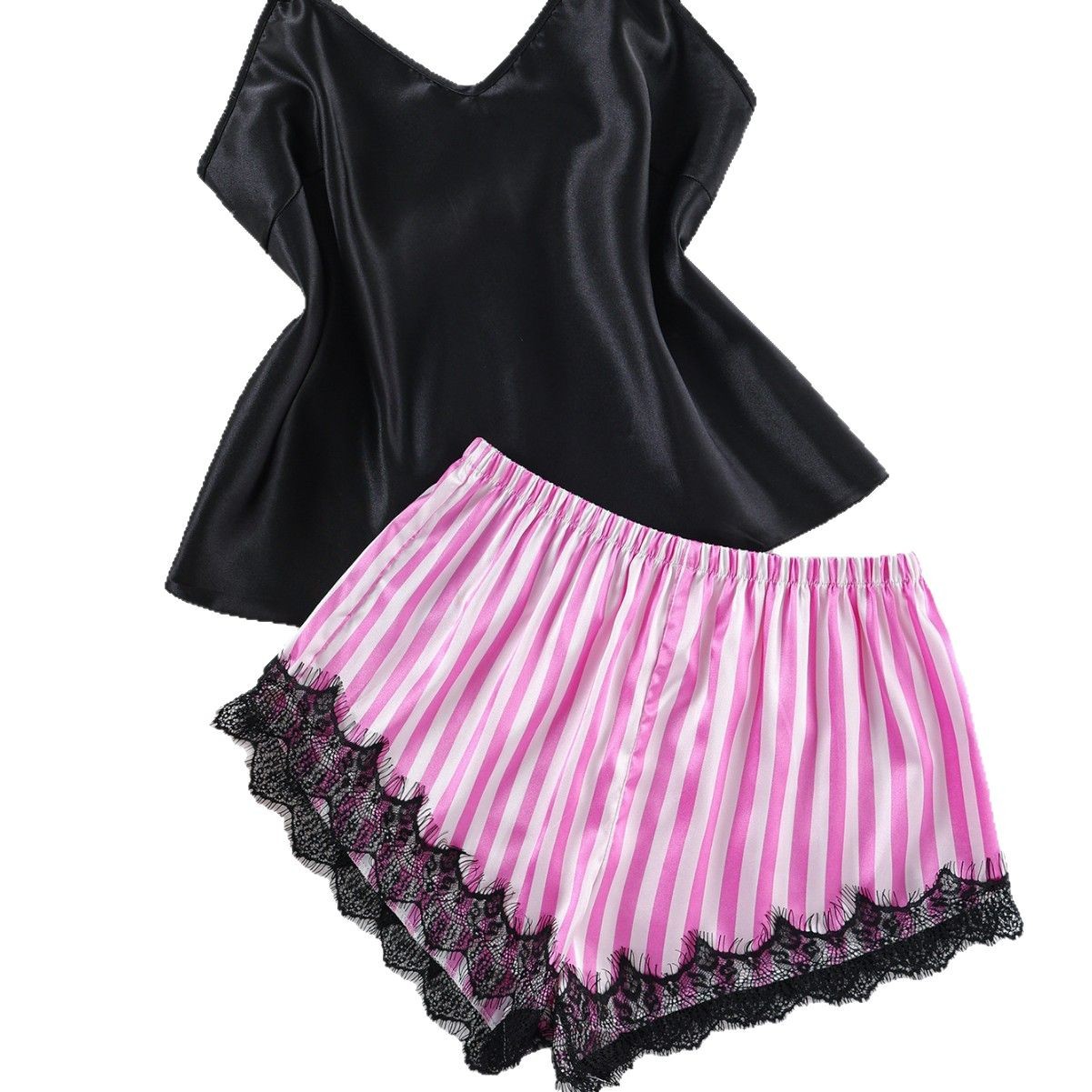 Women's Satin Striped Cami & Shorts Pajama Set | Lace Panel Design