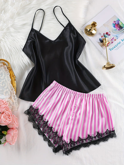 Women's Satin Striped Cami & Shorts Pajama Set | Lace Panel Design