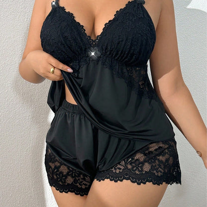 Women's Plus-Size Pajama Set | Lace Trim Shorts & Relaxed Top