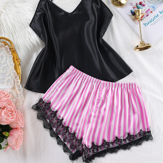 Women's Satin Striped Cami & Shorts Pajama Set | Lace Panel Design