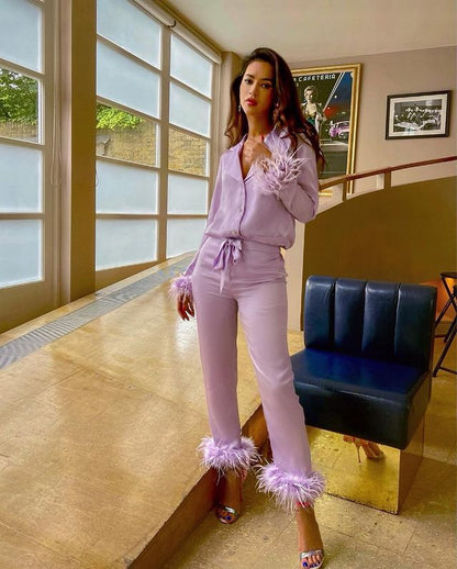 Women's Feather Trim Pajama Set | Lapel Top & Trousers
