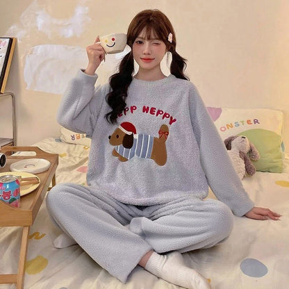 Women's Coral Fleece Winter Pajama Set | Flannel Long Pants