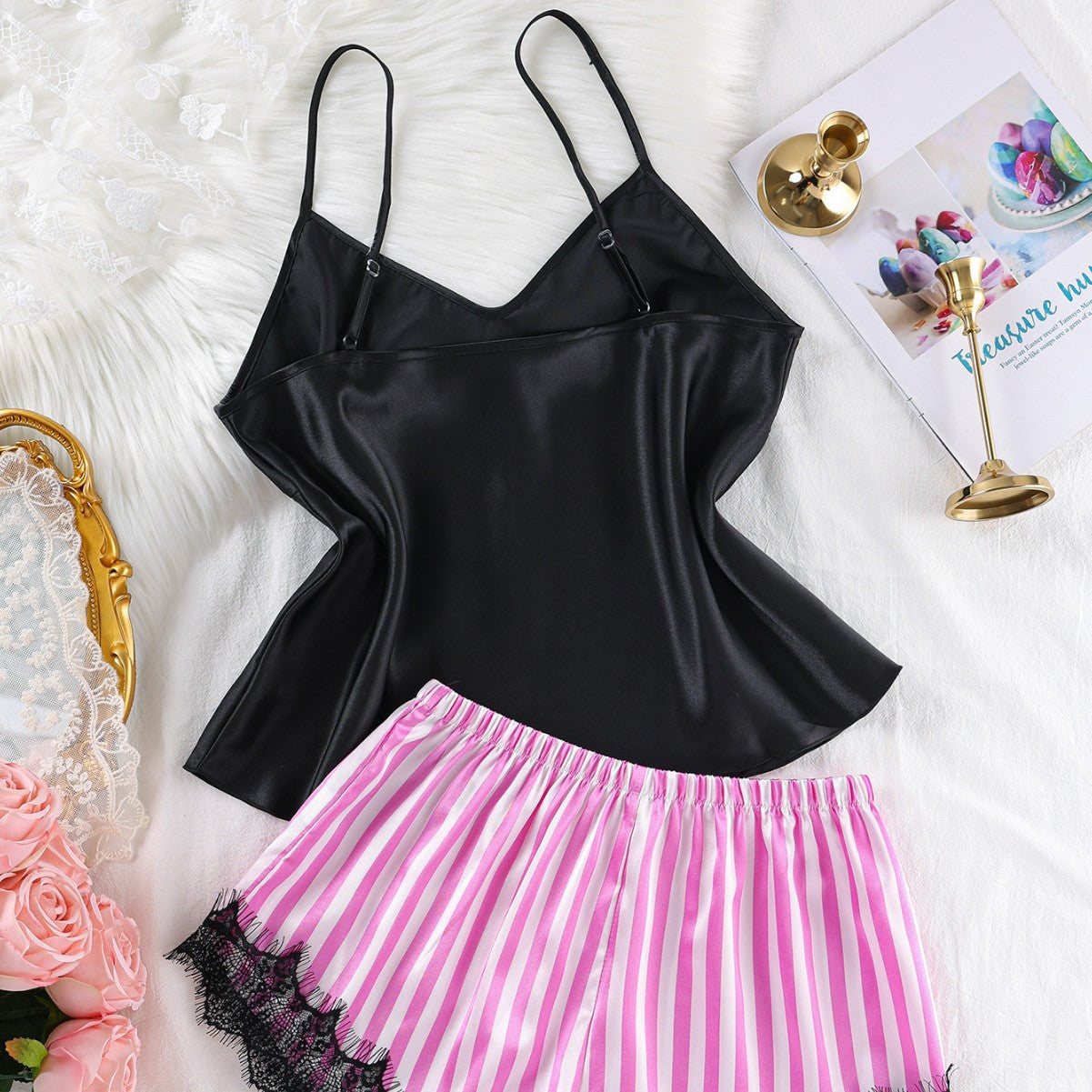 Women's Satin Striped Cami & Shorts Pajama Set | Lace Panel Design