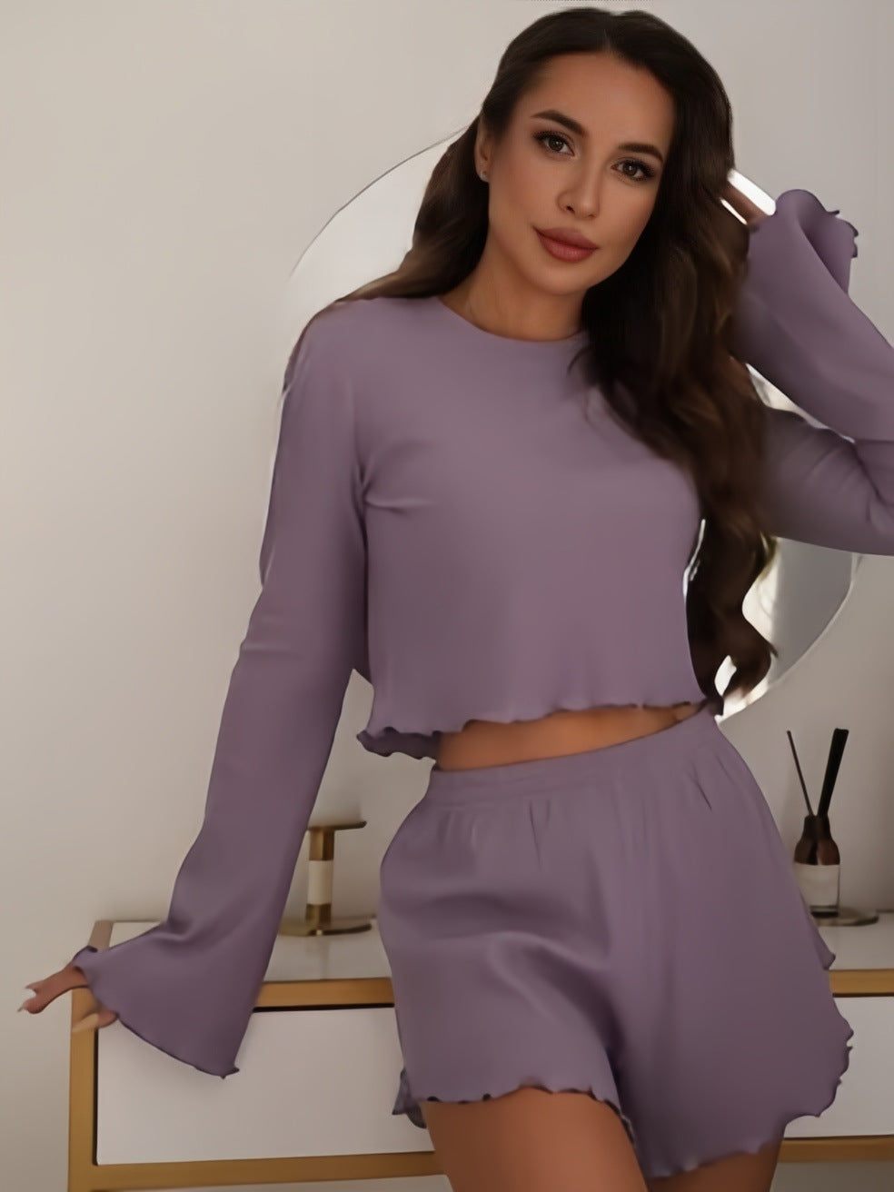 Women's Crew-Neck Pajama Set | Long Sleeve Top & Shorts