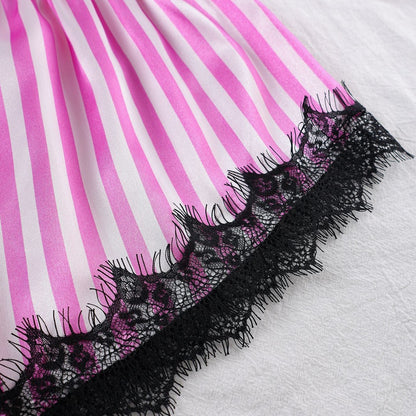 Women's Satin Striped Cami & Shorts Pajama Set | Lace Panel Design