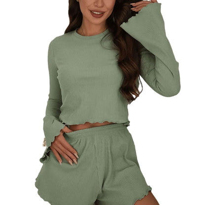 Women's Crew-Neck Pajama Set | Long Sleeve Top & Shorts