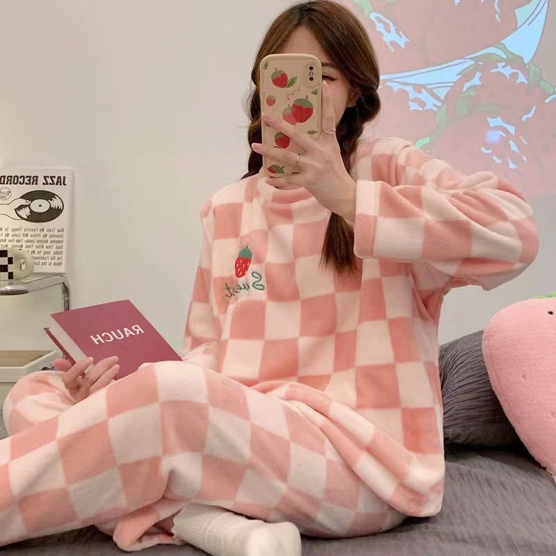 Women's Coral Fleece Winter Pajama Set | Flannel Long Pants
