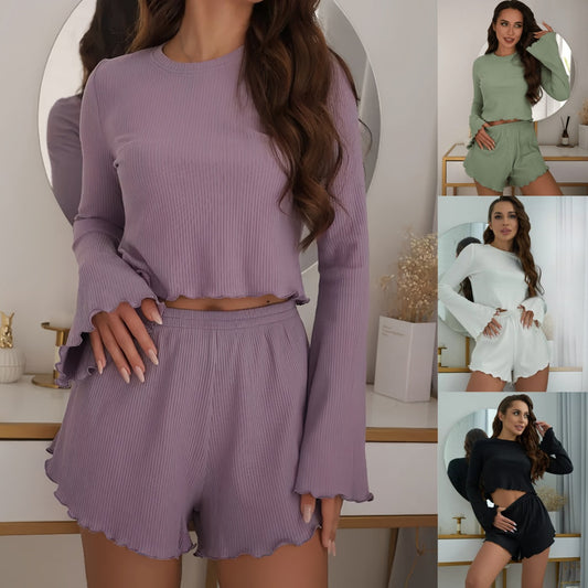 Women's Crew-Neck Pajama Set | Long Sleeve Top & Shorts