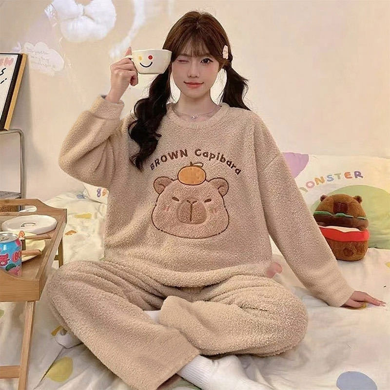 Women's Coral Fleece Winter Pajama Set | Flannel Long Pants