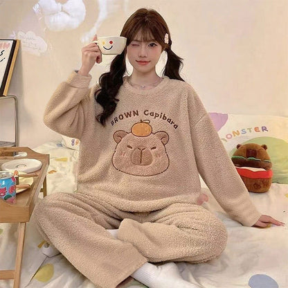 Women's Coral Fleece Winter Pajama Set | Flannel Long Pants