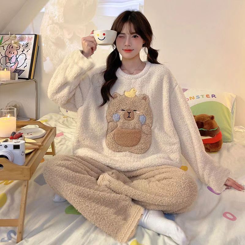 Women's Coral Fleece Winter Pajama Set | Flannel Long Pants