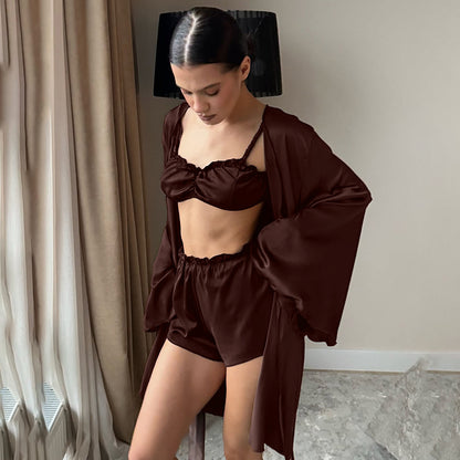Women's Three-Piece Pajama Set | Long Sleeve, Shorts & Inner Layer
