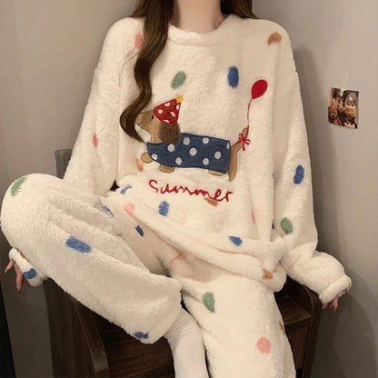 Women's Coral Fleece Winter Pajama Set | Flannel Long Pants