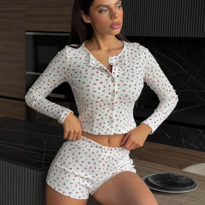 Women's Knitted Printed Pajama Set | Long Sleeve Top & Shorts
