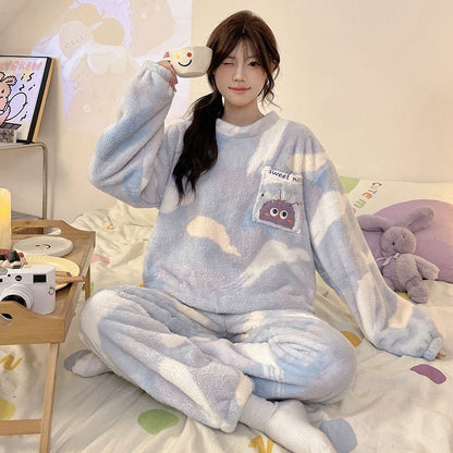 Women's Coral Fleece Winter Pajama Set | Flannel Long Pants