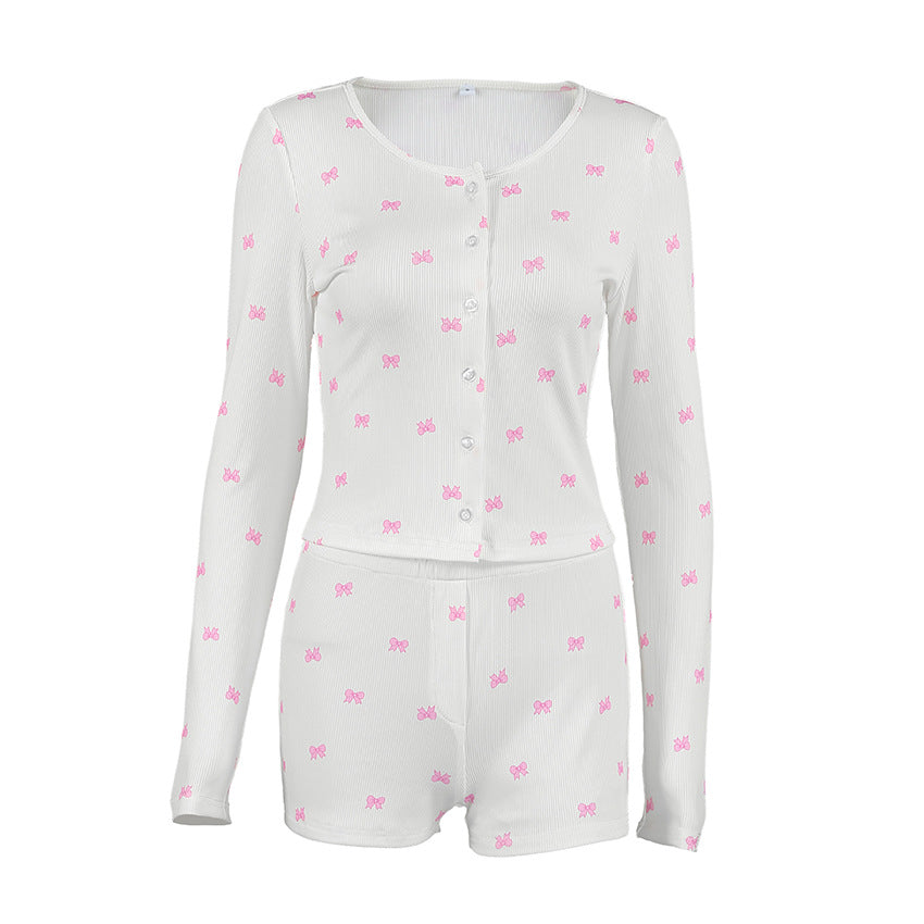 Women's Knitted Printed Pajama Set | Long Sleeve Top & Shorts