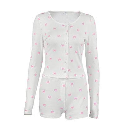 Women's Knitted Printed Pajama Set | Long Sleeve Top & Shorts